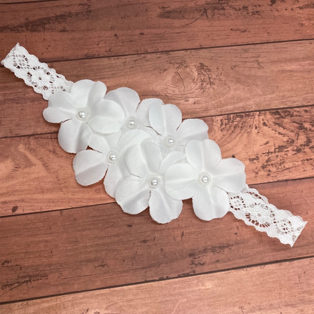 Baby Girls Headband-Soft Pearl White Florals Lace Headband